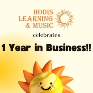 Photo of a smiling sun and text saying Hodis Learning & Music celebrates 1 year in business! Hodis Learning & Music is an academic tutoring, music lessons, and art lessons company in the Pasadena area.